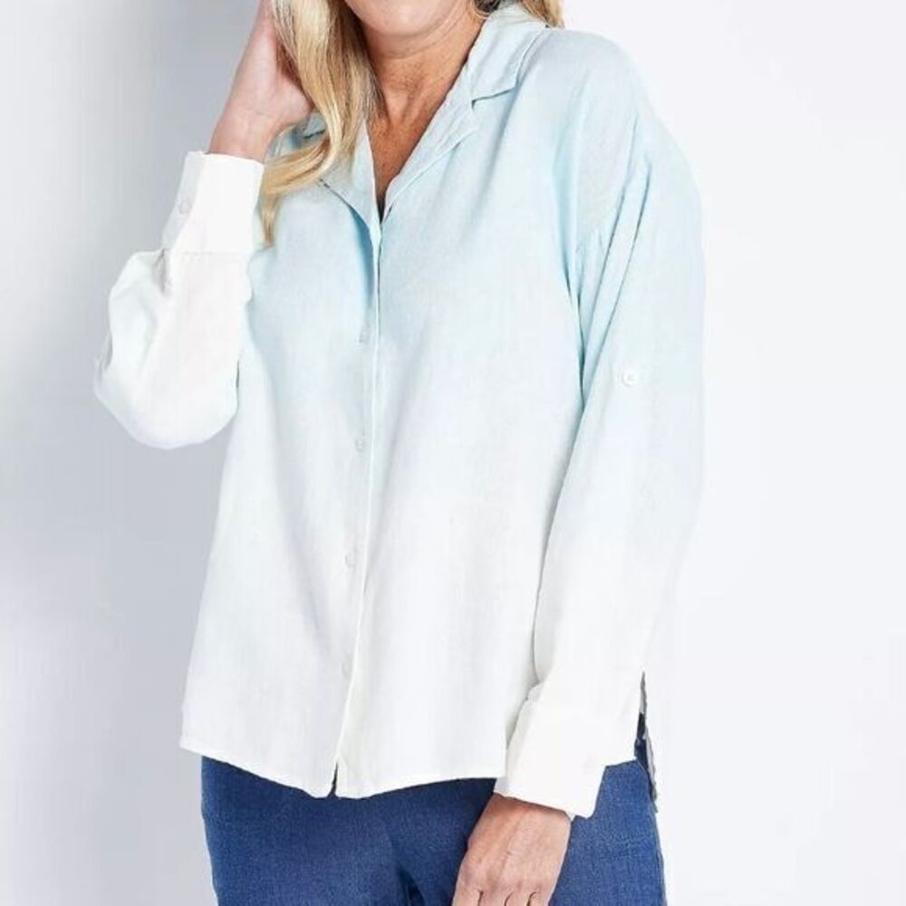 J Jason Wu NWT Blue White Dip Dye Oversized Linen‎ Blend Button Down Shirt XL